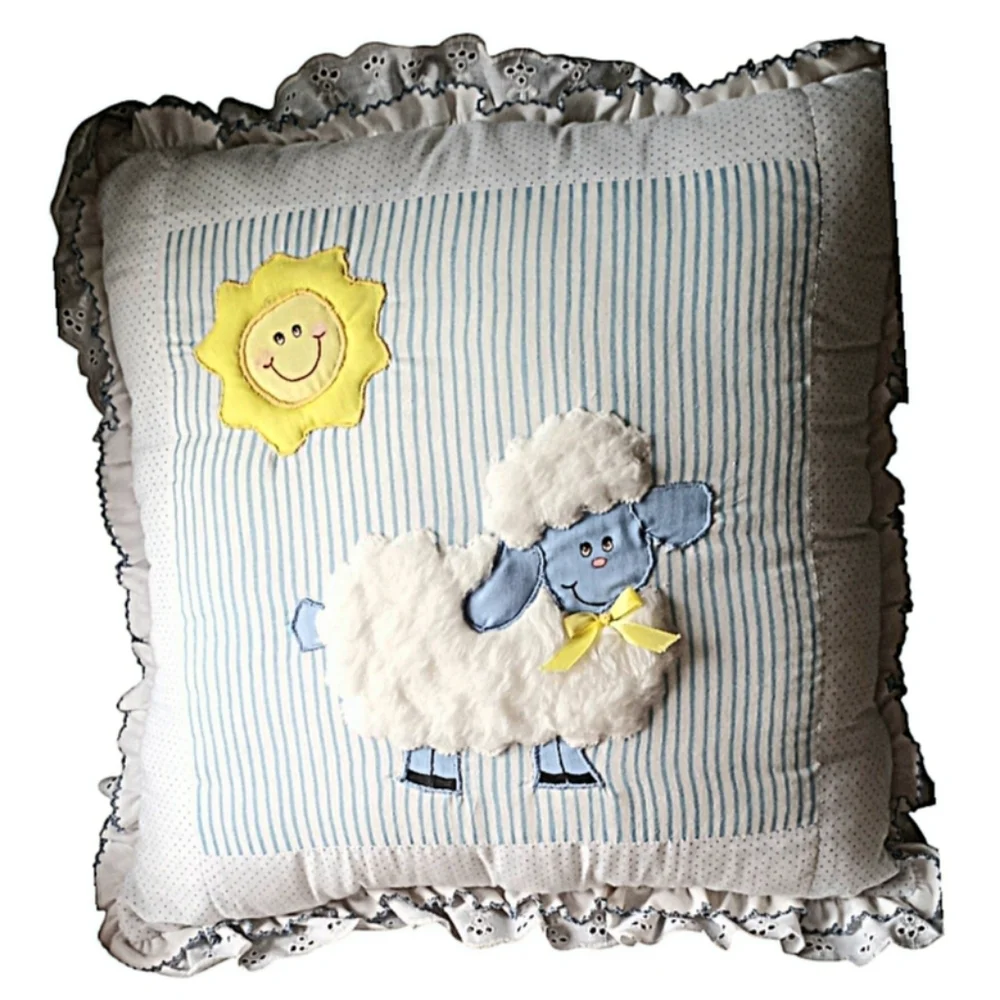 Nursery Pillow Cushion with Fluffy Sheep and Bright Sun appliques Eyelet trim
